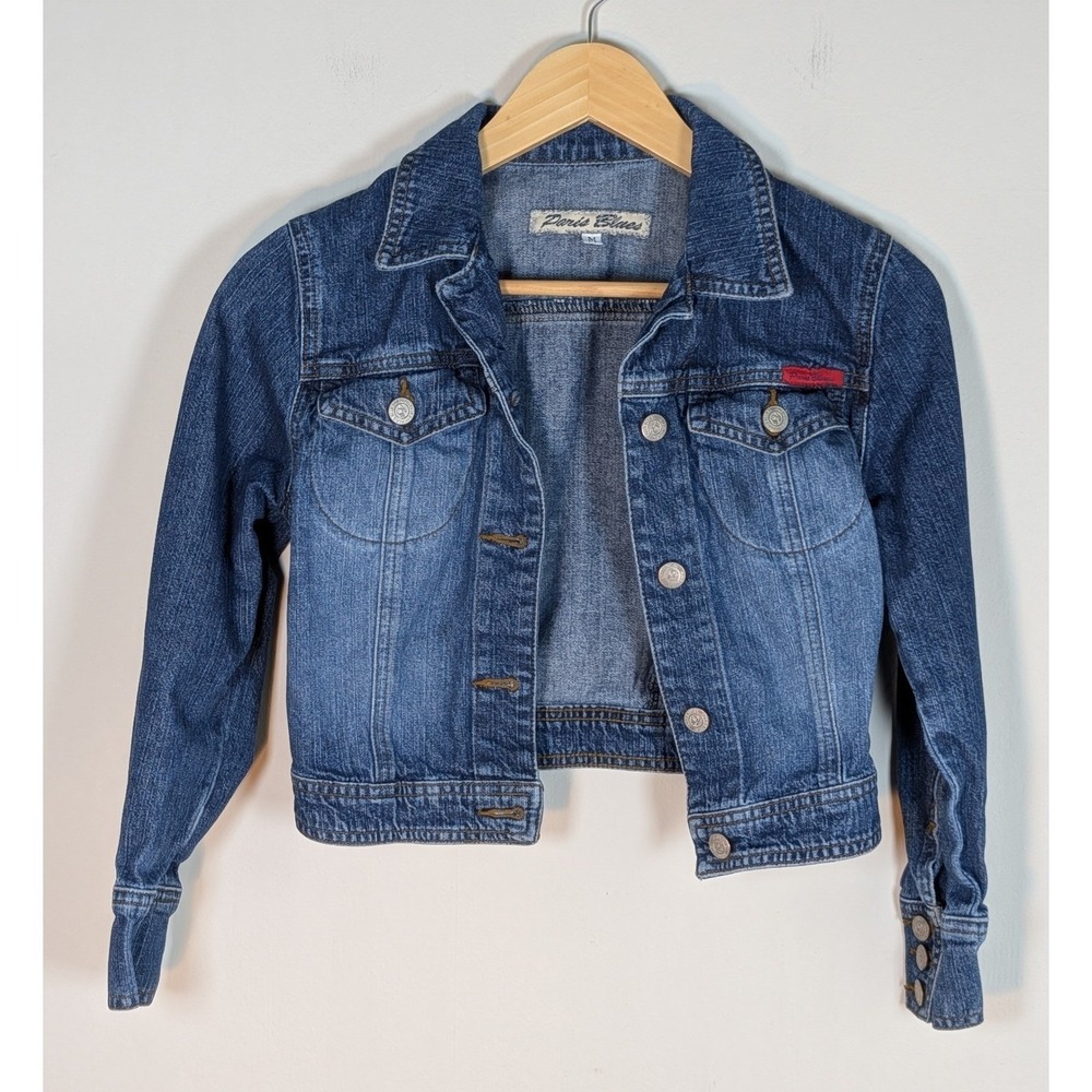 Paris Blues Denim Jacket Girls Size M Blue Cropped Classic Medium Wash Button Up